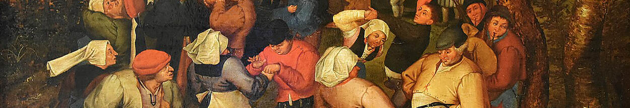 Schilderij De boerenbruiloft, een dorpsgezicht met dansende en feestende boeren, door Brueghel, P. II, jaartal onbekend
