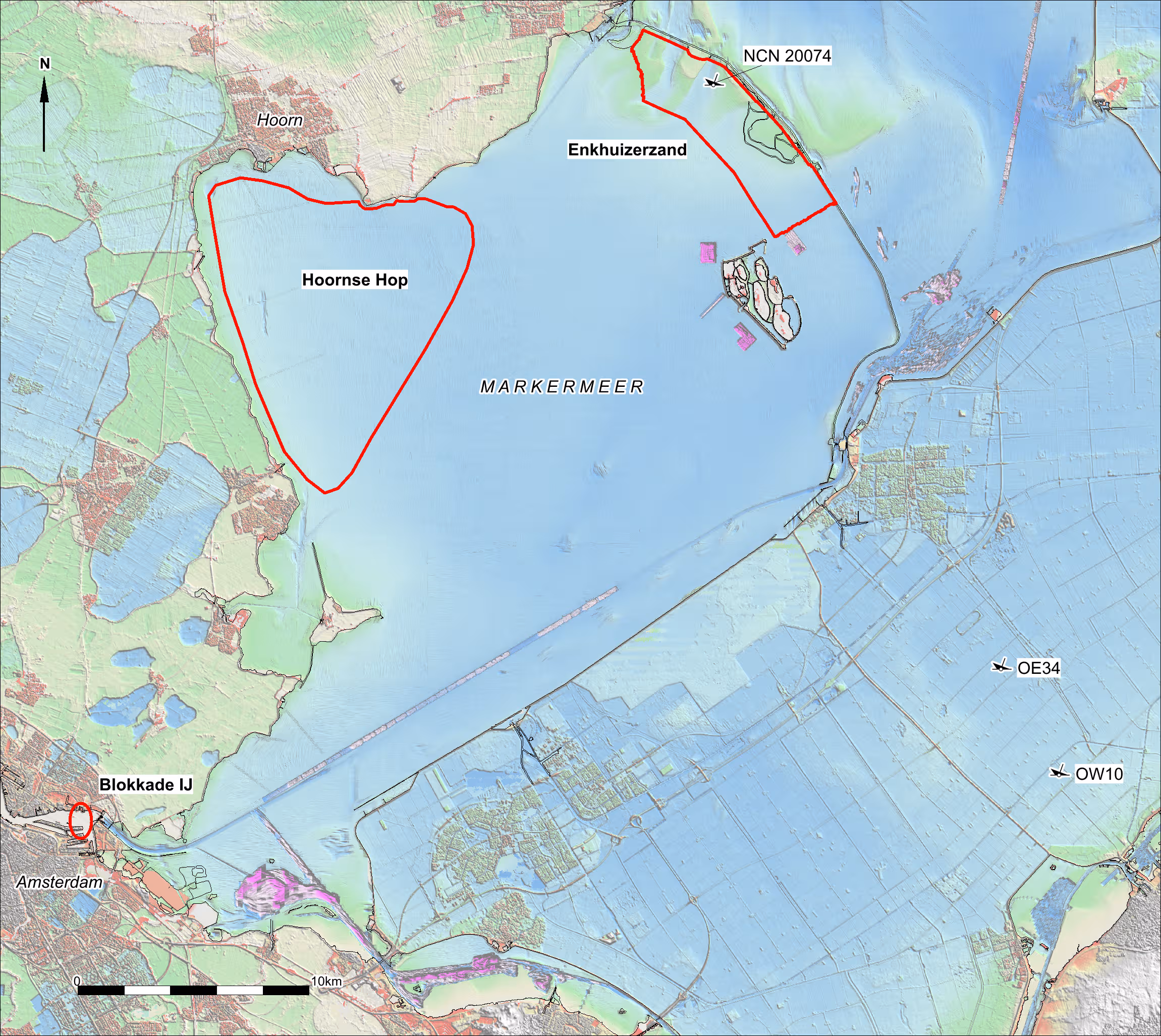 Kaart met drie locaties waar archeologisch onderzoek wordt gedaan in 2023 naar resten van de Slag op de Zuiderzee