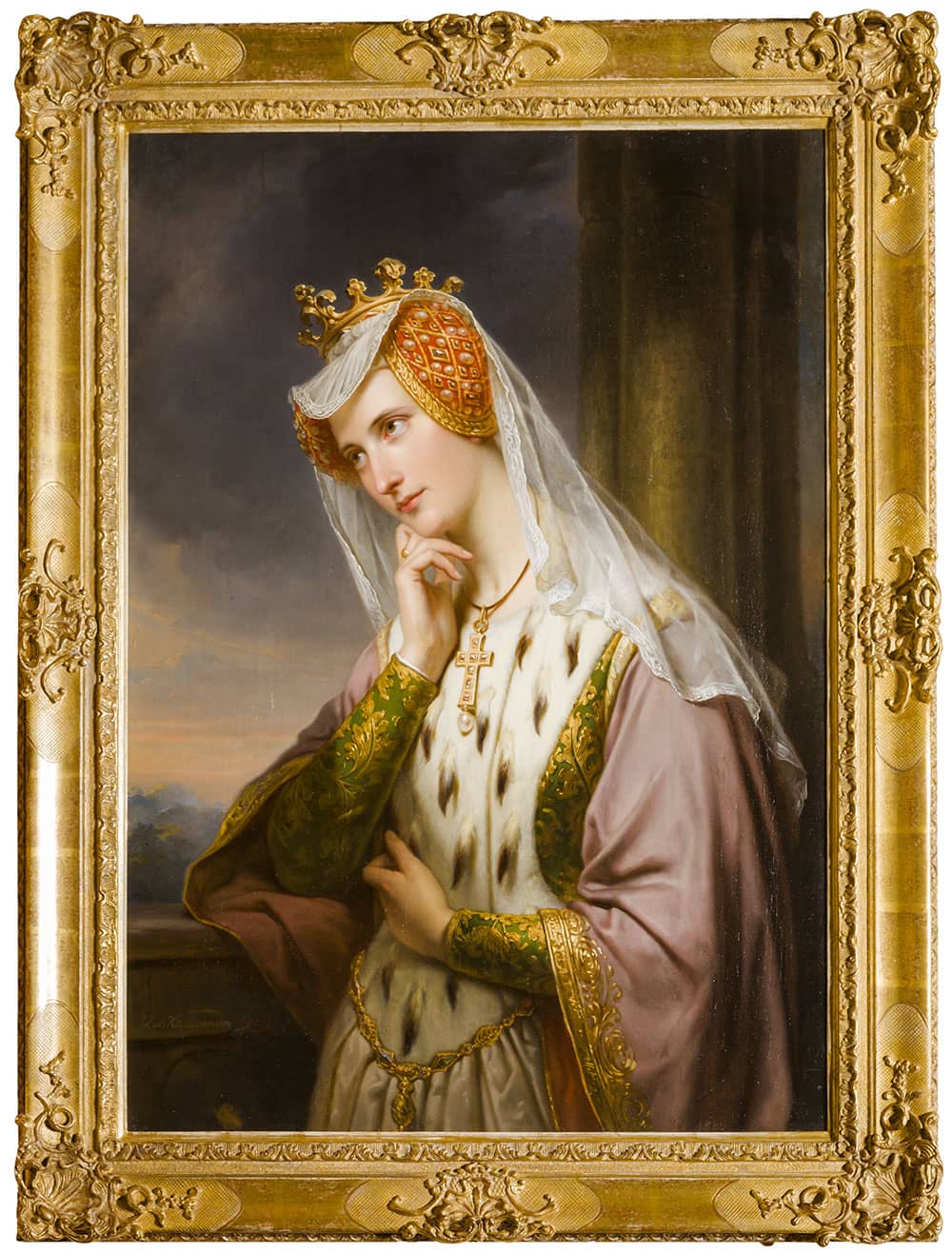 Schilderij met portret van een rijk aangeklede vrouw poserend bij een raam.