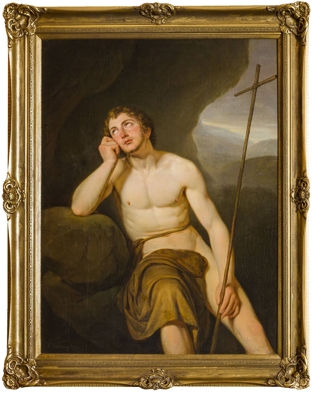 Schilderij van een schaars geklede man leunend tegen een steen in de buitenlucht.