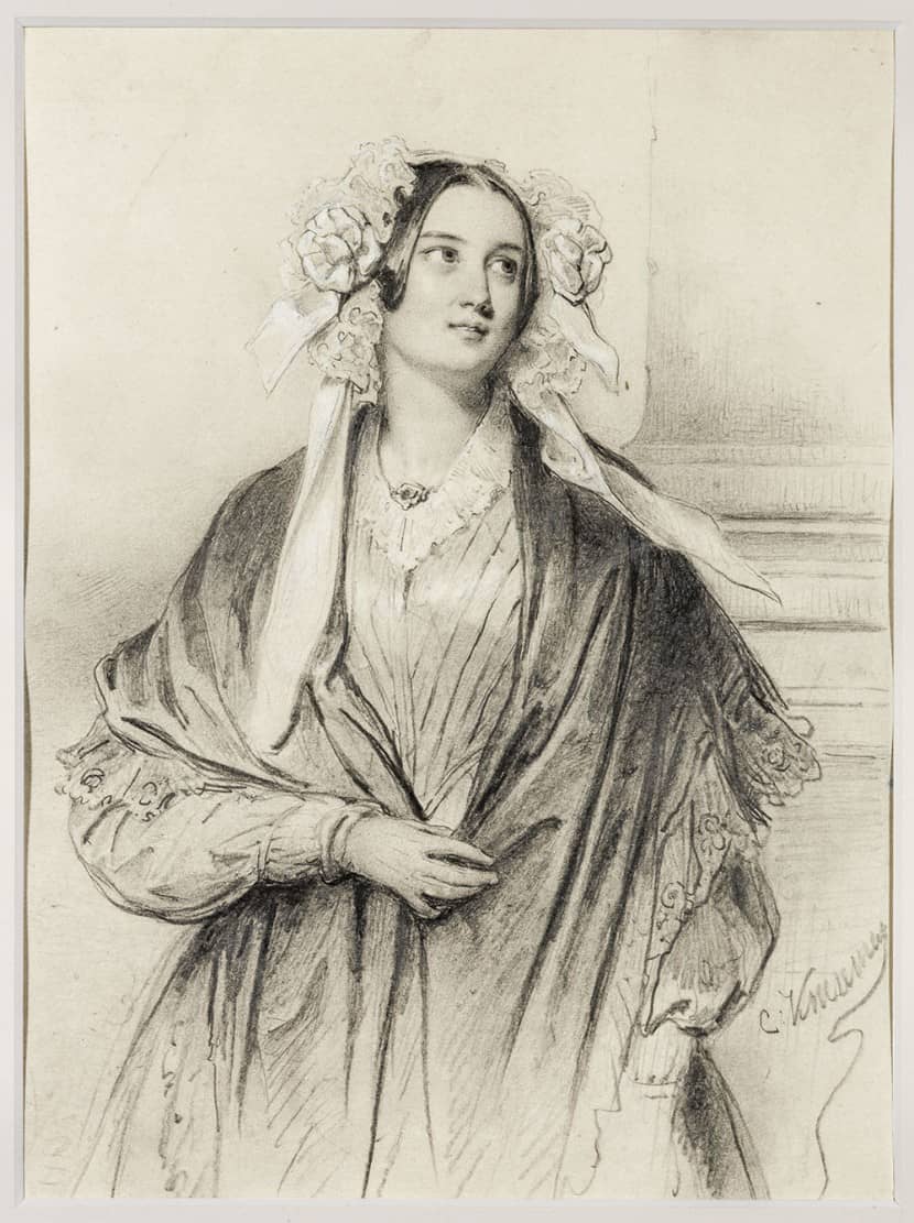 Portrettekening van een vrouw in een jurk en decoratie in haar.