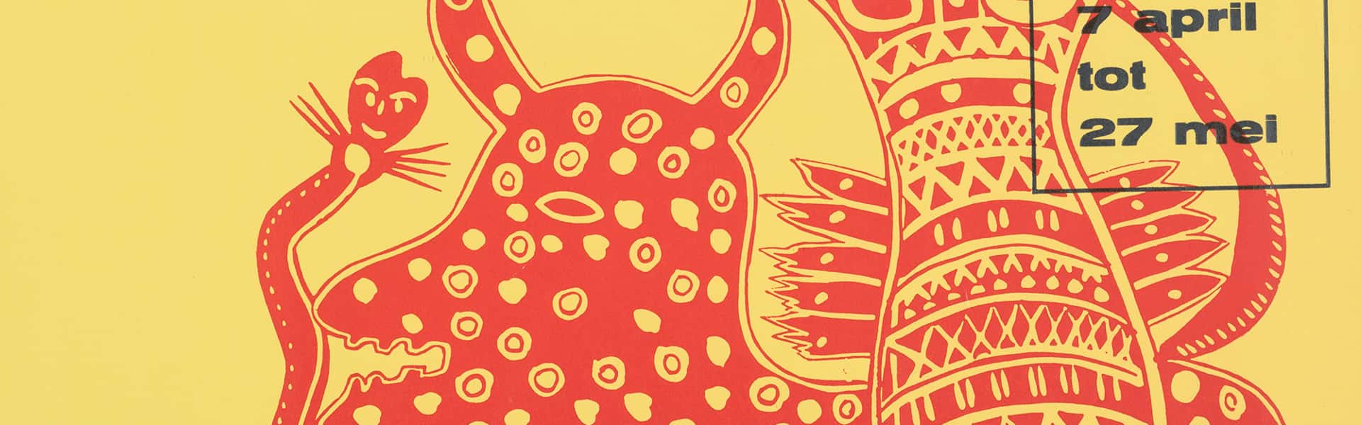 Afbeelding van een Affiche ‘Negerkunst uit Afrika’, 1957 Inkt op papier, 50 x 35,5 cm, met dieren in Afrikaans motief © Gemeentemuseum Den Haag Object ABAF4994