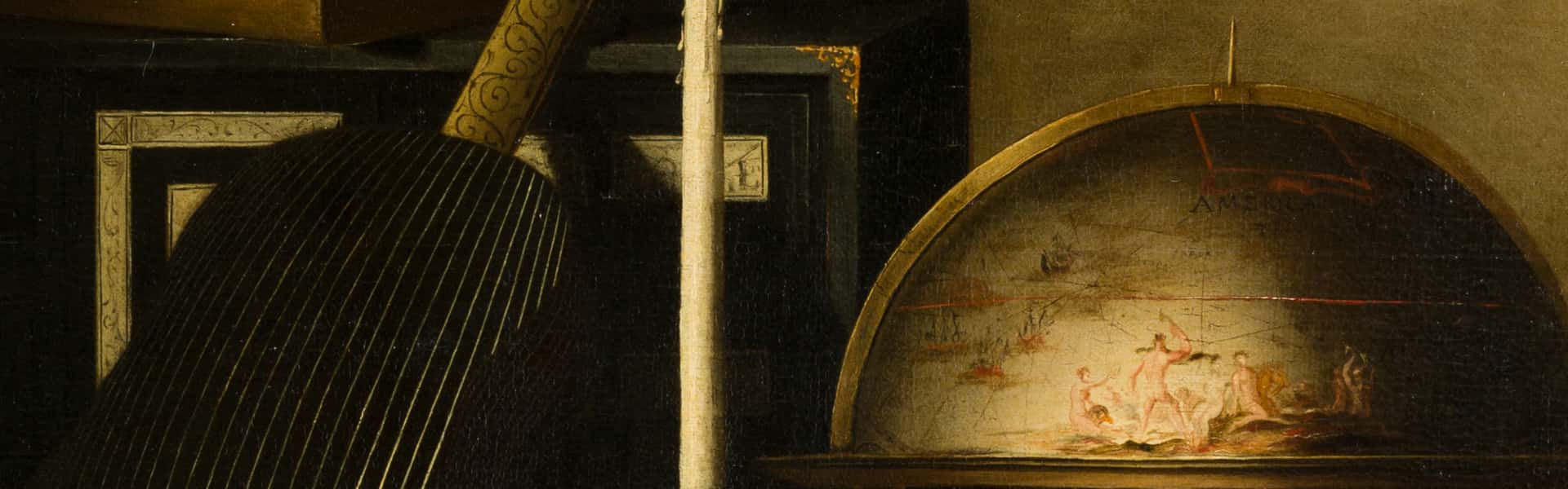 NK2133 Bartolomeo Bettera, Stilleven met muziekinstrumenten, astrolabe, globe en kandelaar (detail)