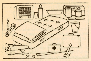 Tekening van objecten in een inventaris voor noodrampen, zoals een matras, ehbo-kit, televisie en meer