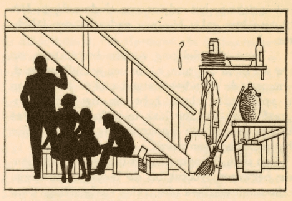 Tekening met instructie hoe te schuilen onder de trap