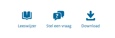 De drie iconen in het monumentenregister: Leeswijzer, Stel een vraag en Download