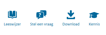 De vier iconen in het monumentenregister: Leeswijzer, Stel een vraag, Download en Kennis