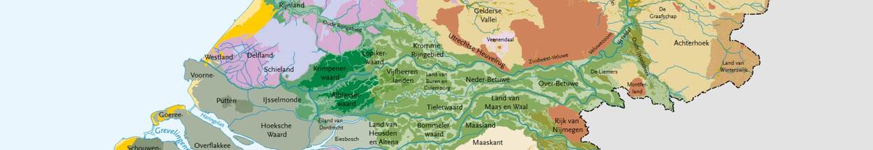 Uitsnede van de kaart Landschappen van Nederland, waarop van links naar rechts verschillende landschappen van Midden-Nederland te zien zijn.