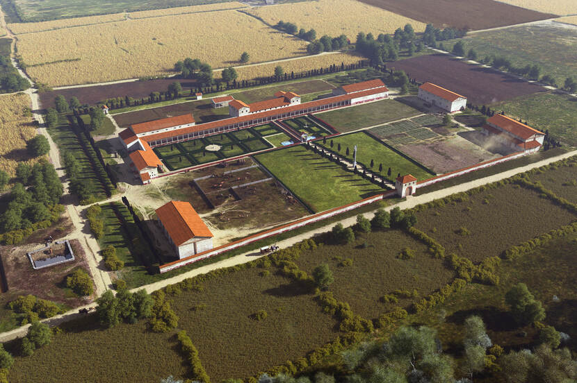 Tekening van de reconstructie van de Romeinse Villa Voerendaal, vanuit de lucht gezien