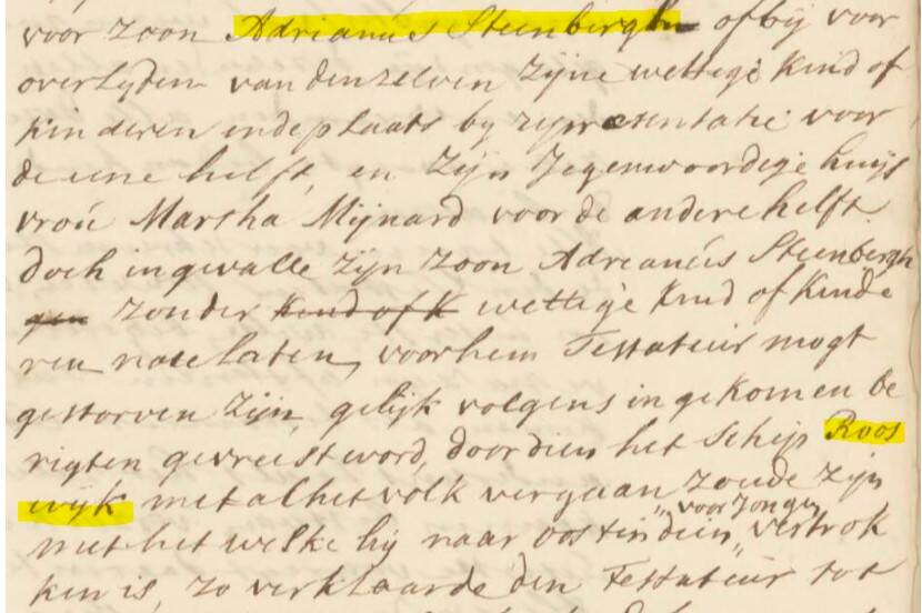 Uitsnede van notarisakte waarop Adrianus Steenbergh staat aangegeven als bemanningslid van de Rooswijk