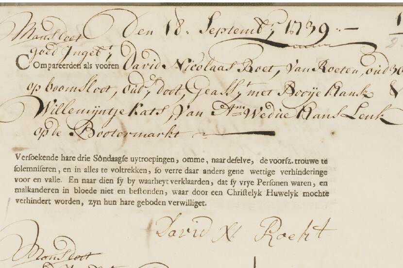 Sierlijke letters van een huwelijksakte uit 1739