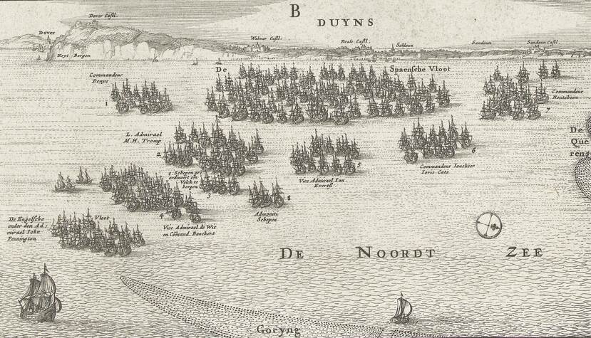 Jol was bij veel zeeslagen betrokken. Zo bewaakte hij bij de Slag bij Duins de Spaanse noordflank die op deze afbeeling staat weergegeven.