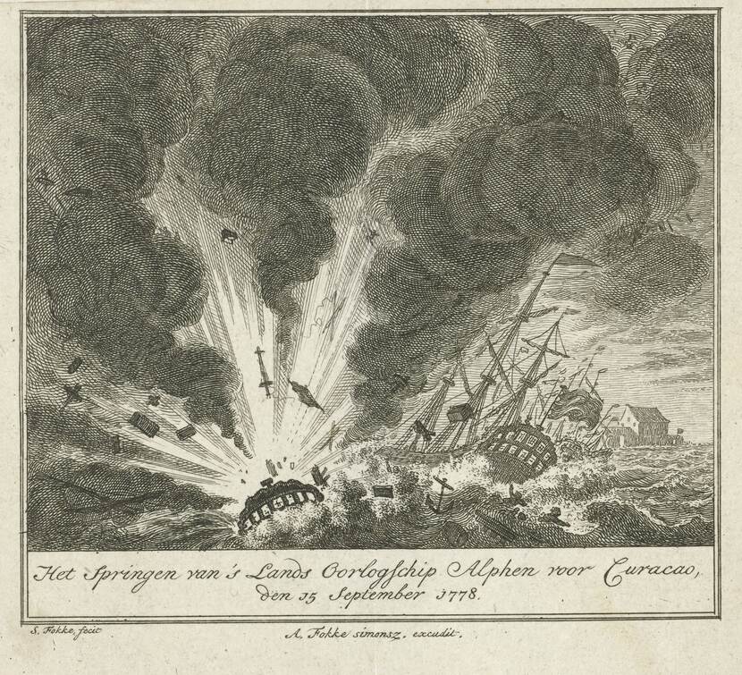 Het ontploffen van het Nederlandse oorlogschip Alphen voor Curacao, 1778, Simon Fokke, 1778 - 1780