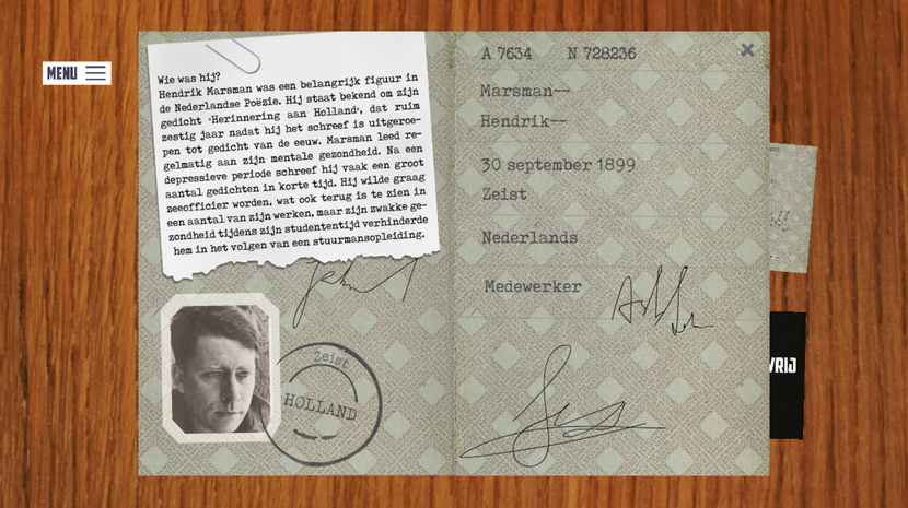 Het fictieve paspoort van Hendrik Marsman uit het spel 'Het mysterie van de Berenice'