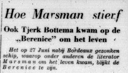 Uitsnede van krantenartikel uit de Sumatra Post over hoe Hendrik Marsman stierf