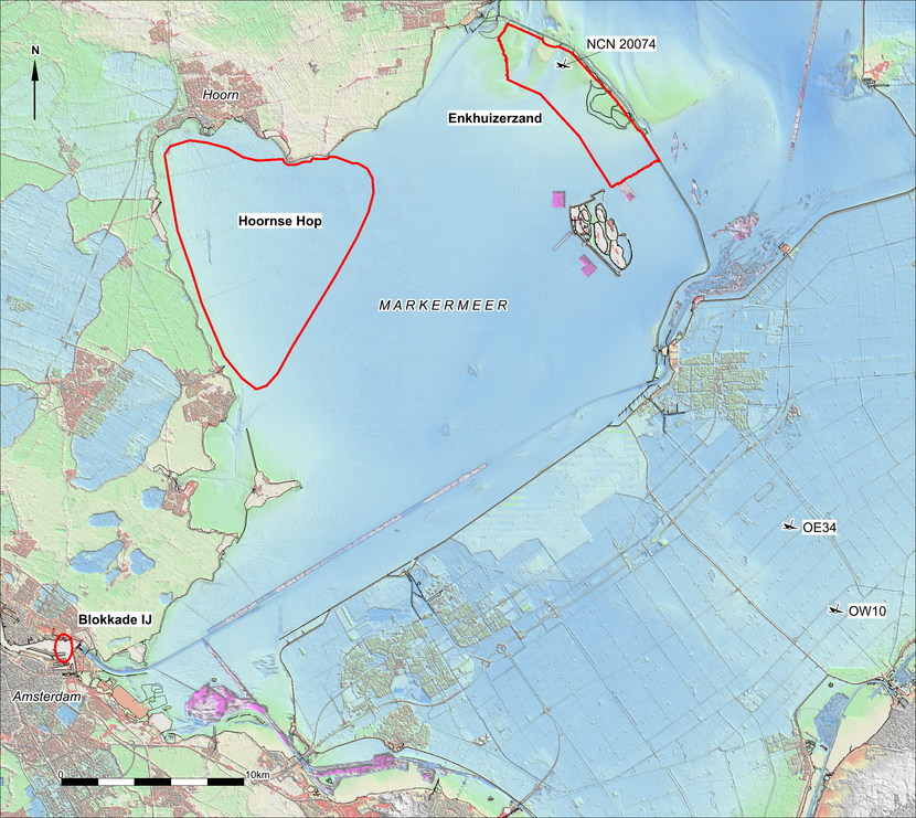 Kaart met drie locaties waar archeologisch onderzoek wordt gedaan in 2023 naar resten van de Slag op de Zuiderzee
