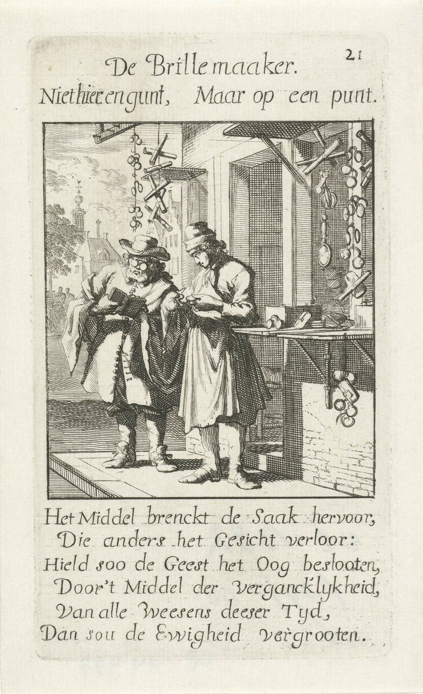 tekening De Brillemaaker, uit J. Luycken, 1694: Het Menselyk Bedryf