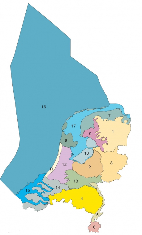 kaart van Nederland, verdeeld in archeoregio's