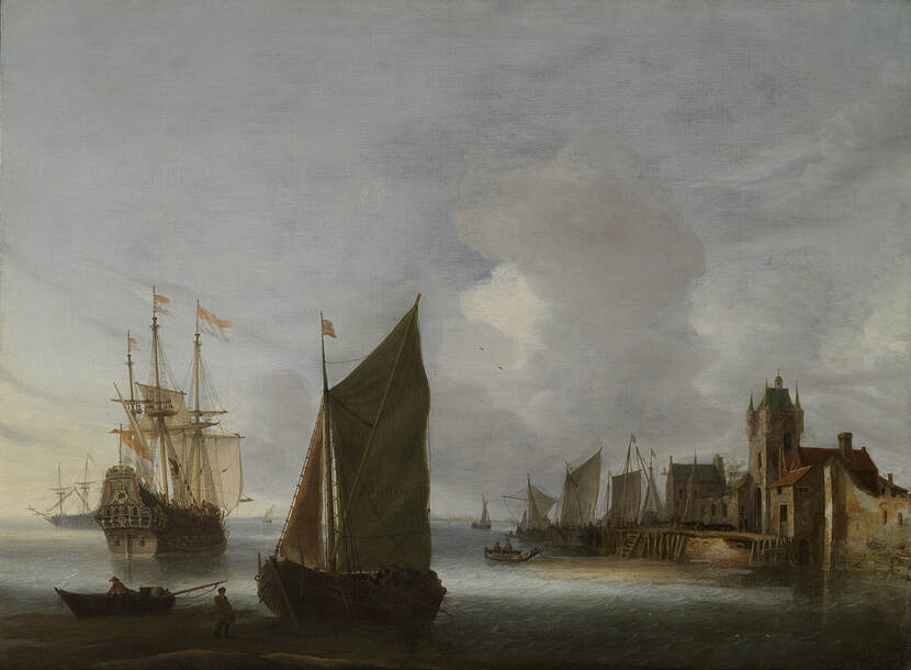 Schilderij met Schepen op de Oosterschelde bij de Zuidhavenpoort van Zierikzee. Op de voorgrond een tjalk, daarachter een oorlogsschip.