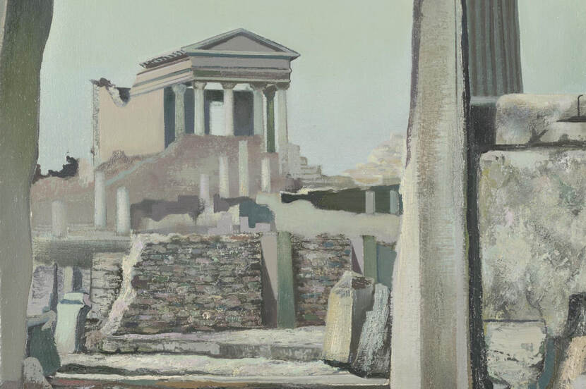 Schilderij van een Griekse tempel ruïne in veelal grijs-blauwe tinten.