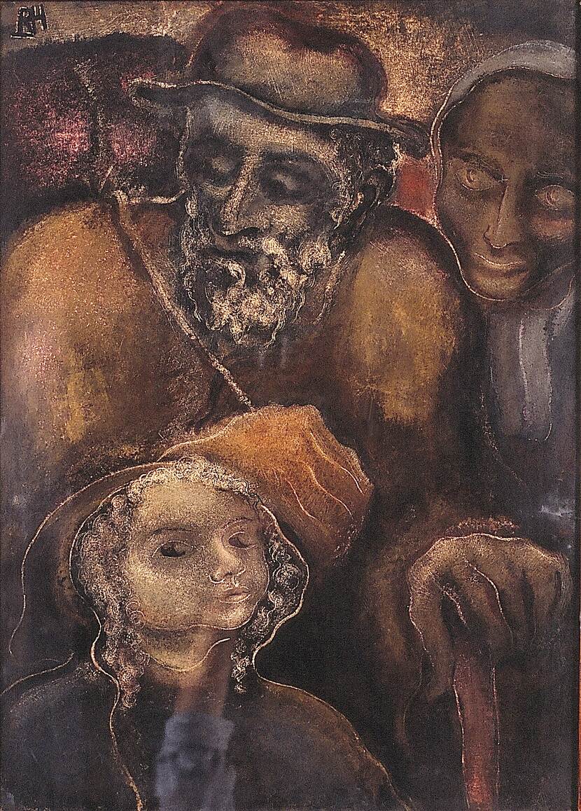 Schilderij op papier van driefiguren, met centraal in de tekening een man met baard en hoed, rechts een vrouw en jong meisje links vooraan.
