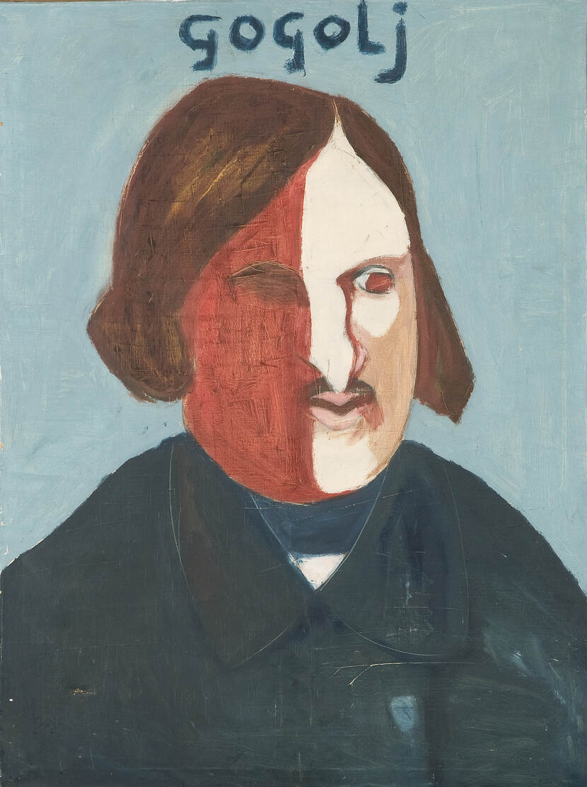 Portret van Nicolai Gogol met boven het hoofd in letters de tekst GOGOLJ