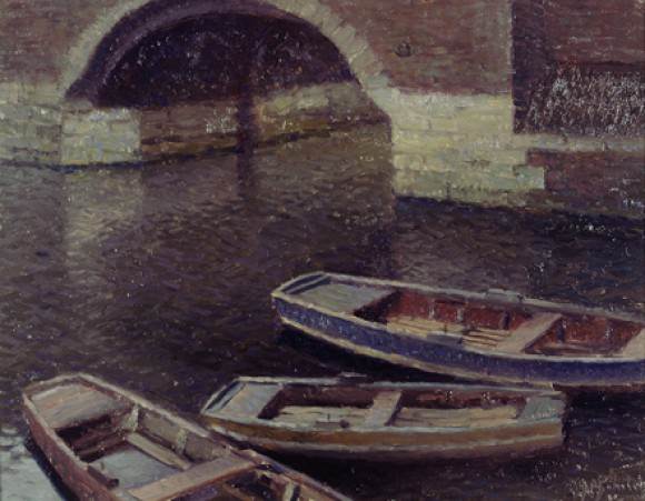 Schilderij van drie roeibootjes in een gracht van Anthonie Schotel.