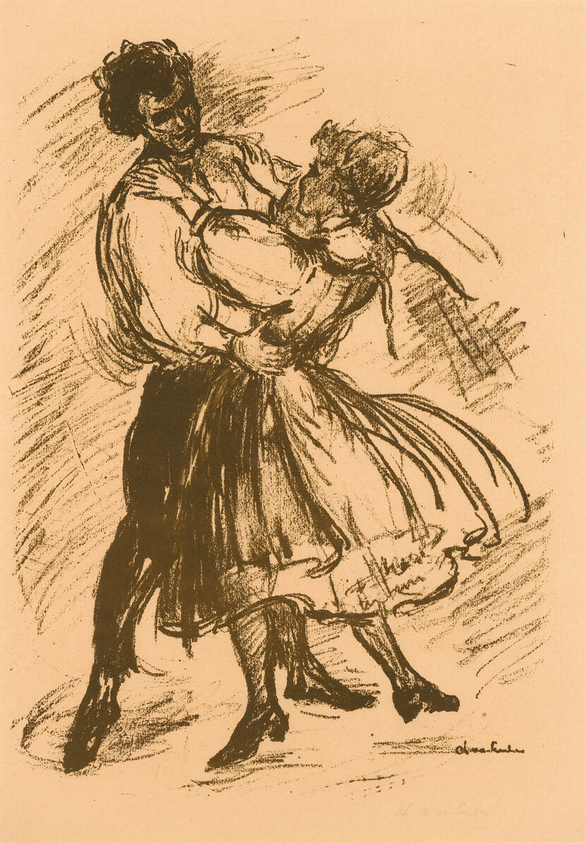 Potloodschets van dansend paar, man en vrouw, ten voeten uit.