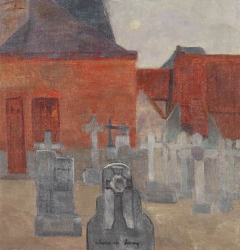 Schilderij van Clara de Jong voorstellende een kerkhof met op de achtergrond een deel van een kerk.