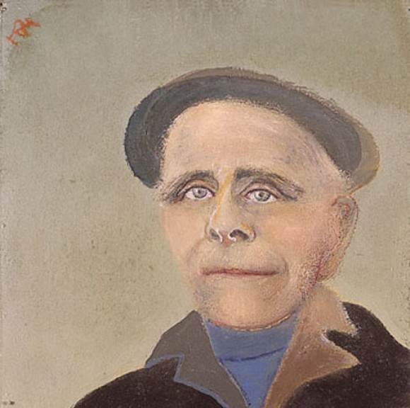 Zelfportret van de schilder Dolf Henkes met hoofddeksel.