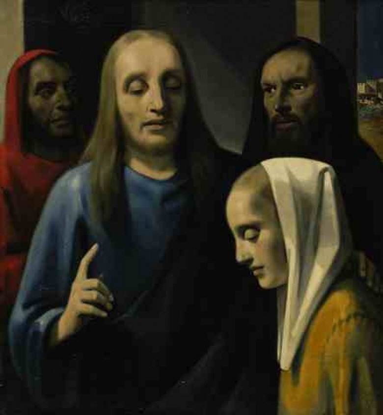 Voorstelling van Christus en een (overspelige) vrouw, twee mannen op de achtergrond.
