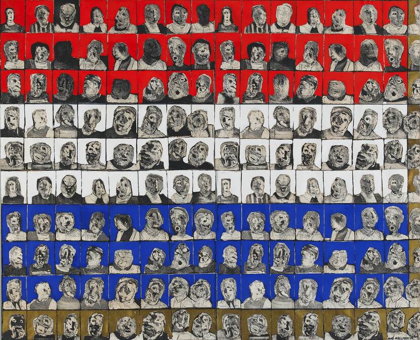 5 stroken,  vermiljoen rood, wit, kobaltblauw en goud, met elk 8 verschillende portretkoppen in dikke plakkaatverf.