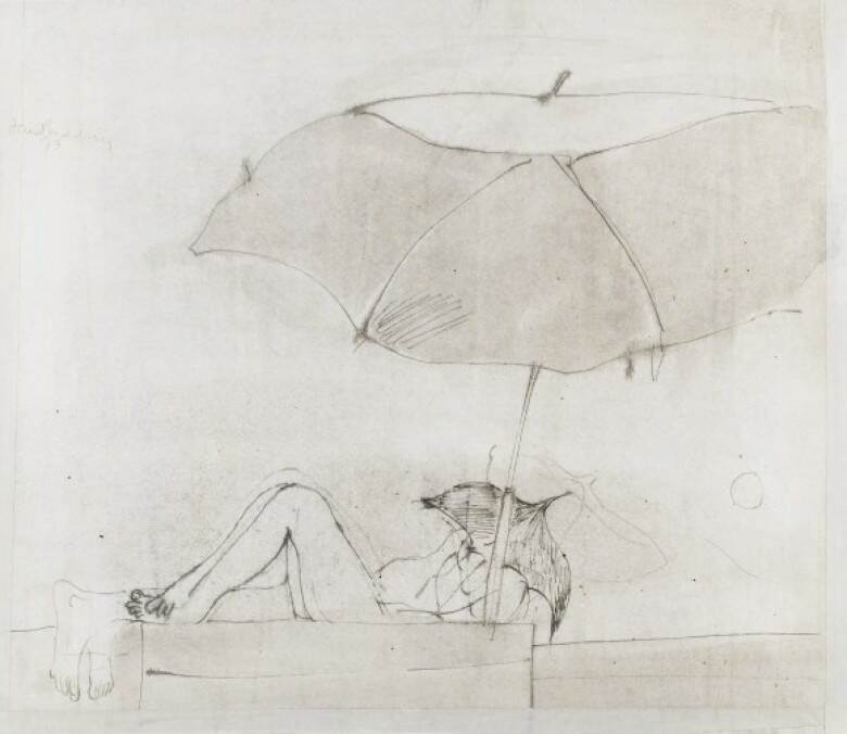 Tekening van jonge vrouw liggend onder parasol.