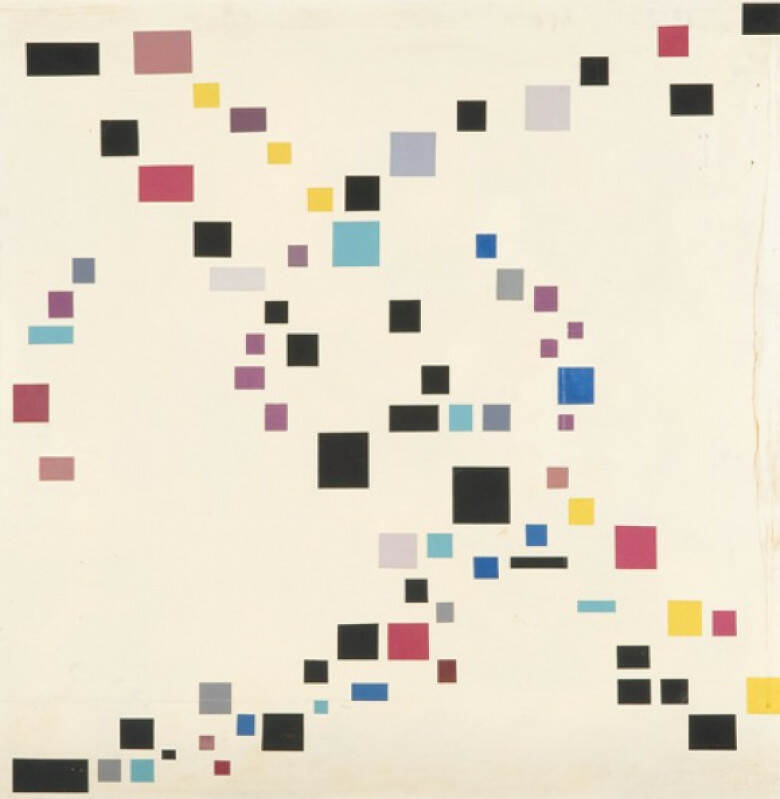 Abstract schilderij van gekleurde en zwarte vierkanten en rechthoeken op witte achtergrond.