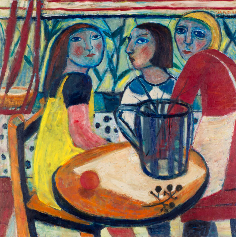 Schilderij van drie vrouwen aan een tafel