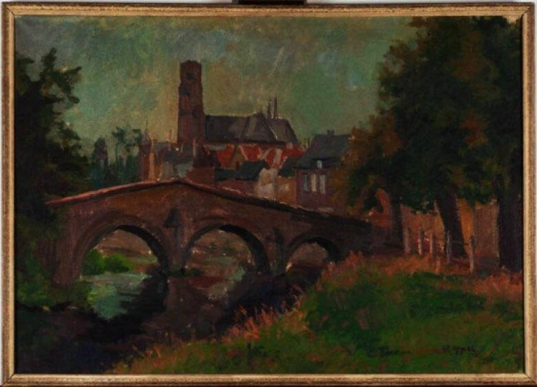 Schilderij van brug met op de achtergrond een kerk.