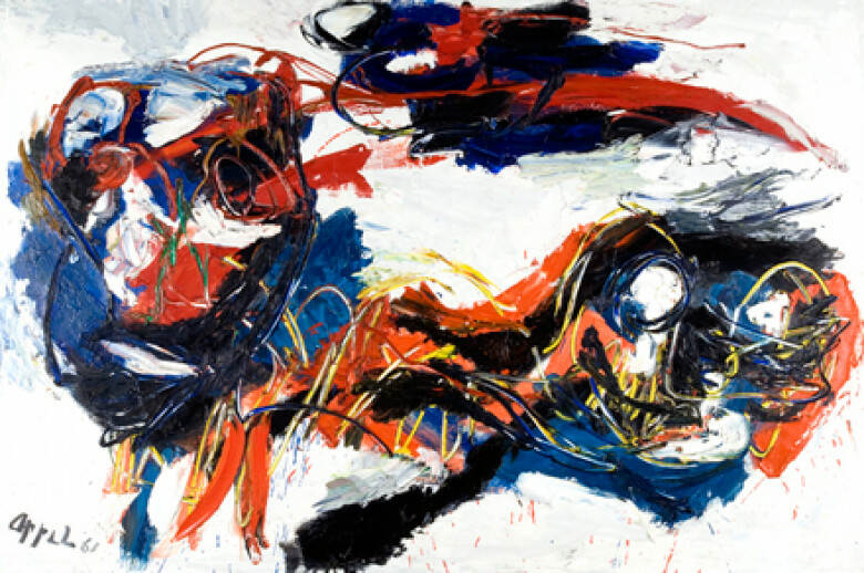 Abstract schilderij met dikke lagen rode, blauwe, witte en zwarte verf waarop met geen mogelijkheid dieren in zijn te herkennen