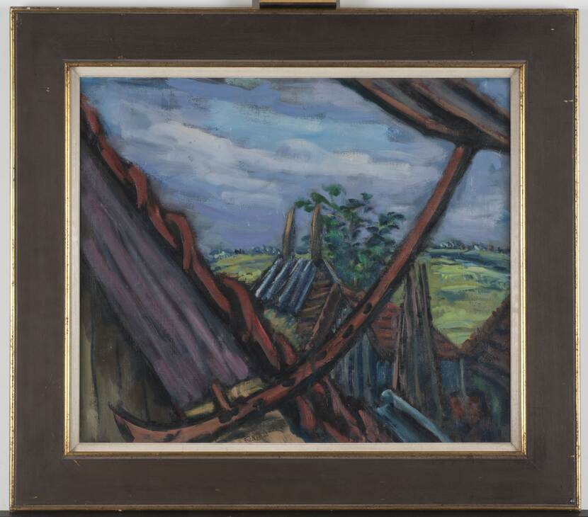 Schilderij van een landschap in Laren, met veel blauwtinten.
