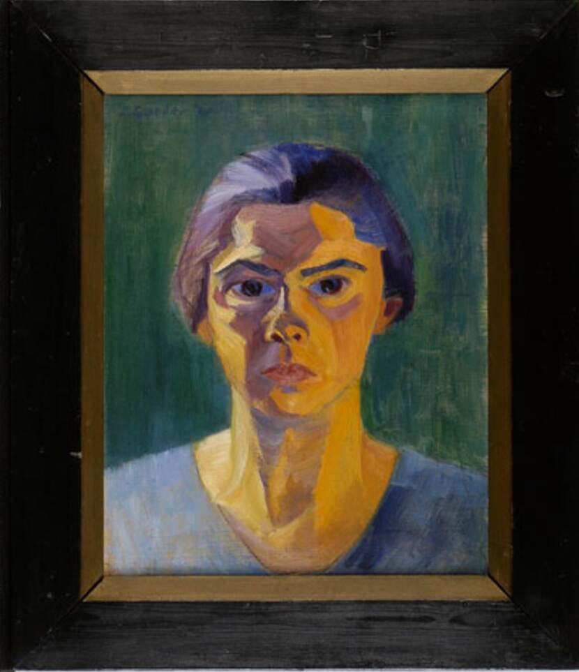 Zelfportret van Lou Loeber, in paarse en gele tinten.