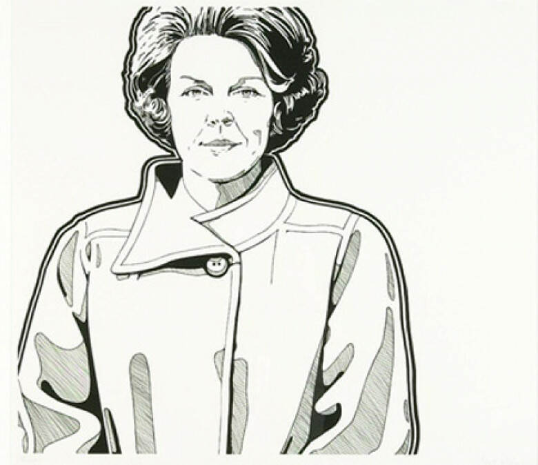 Zwart-wit portret van Koningin Beatrix tot op borsthoogte.