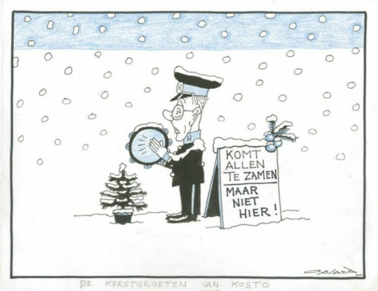 Spotprent met staatssecretaris Costo als Leger-de-Heils-soldaat met tamboerijn, een kerstboom en een standaard met daarop de tekst: Komt allen tezamen! Maar niet hier.