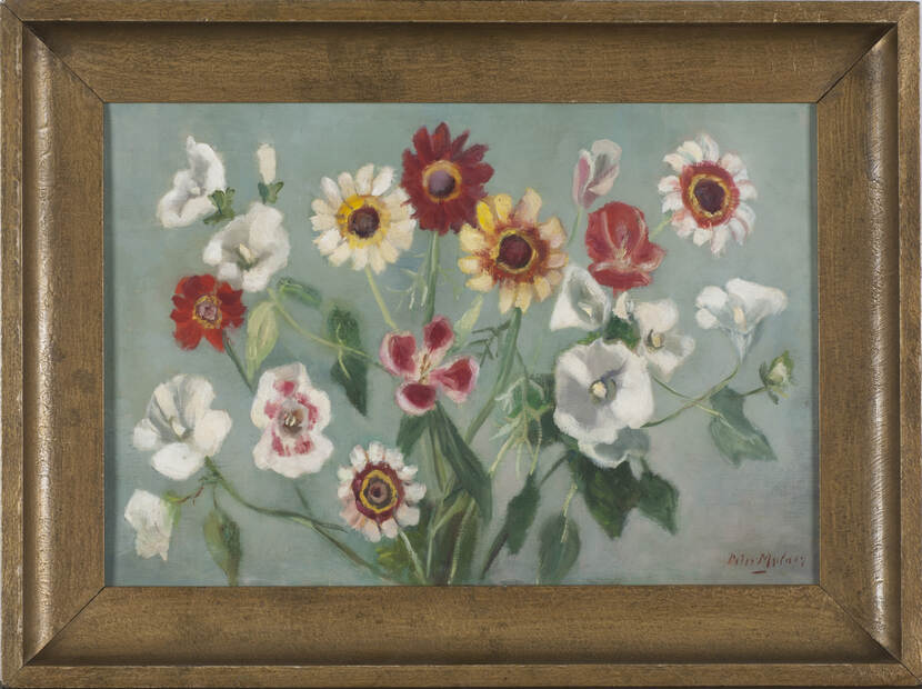 Bloemstilleven met veldbloemen (akkerwindes, zinnia’s, zomerazelea’s, klaproos)