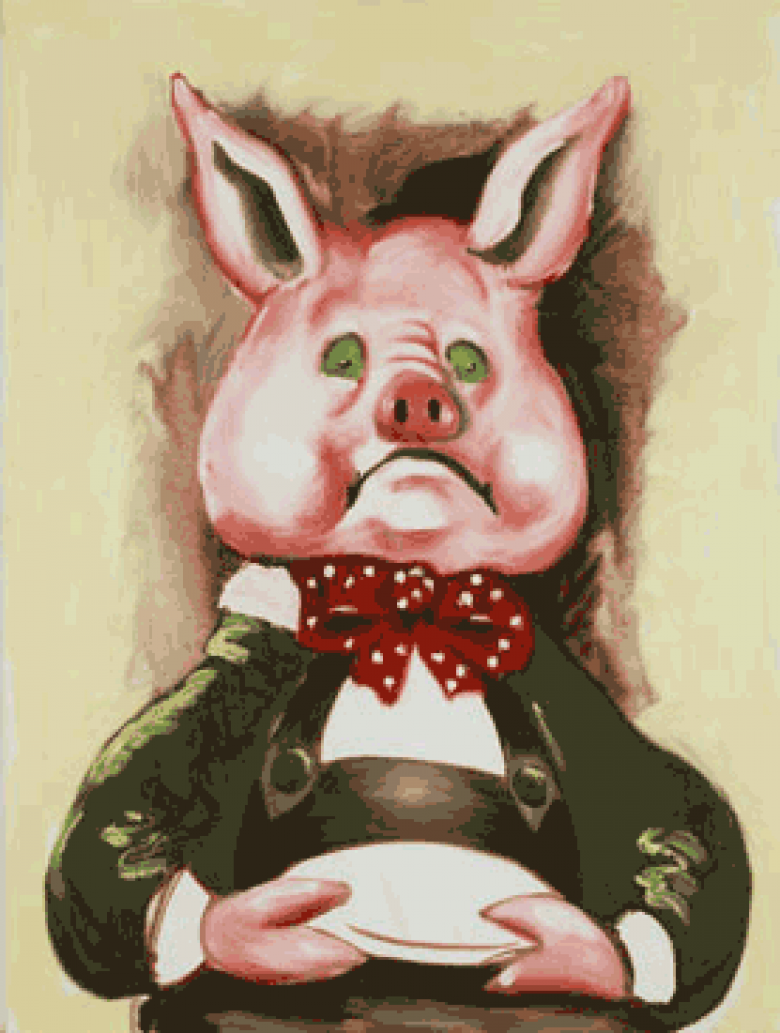 Schilderij van gekleed en strikdragend varken met expressief gezicht dat een wit etensbord in poten draagt.