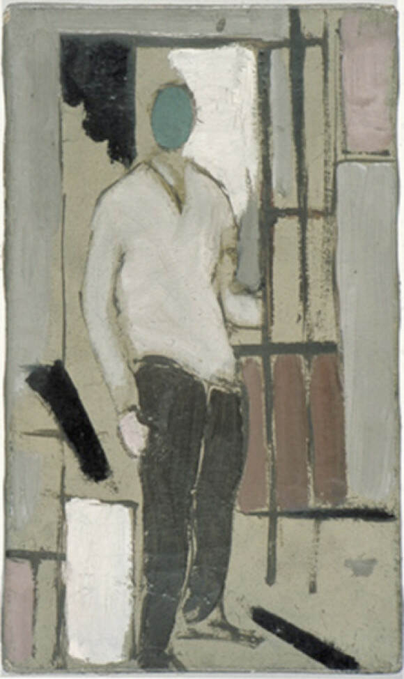 Zelfportret van Theo van Doesburg staande in atelier, ten voeten uit met gezicht  als een eivormig vlak opgezet in groenblauwe penseelstreken.