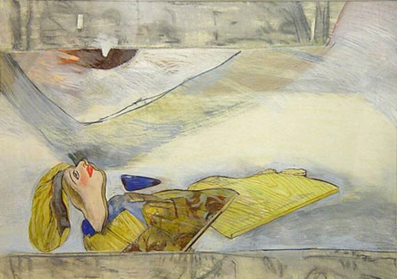 Abstraherende voorstelling van door het ijs gezakte vrouw met boven haar, in de lucht, een vogel.