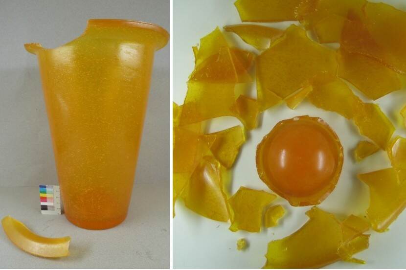 Twee afbeeldingen van dezelfde gele vaas. De ene met een stukje eraf (in 2011), de andere in stukjes uit elkaar gevallen (in 2014). Ontwerp Hella Jongerius.
