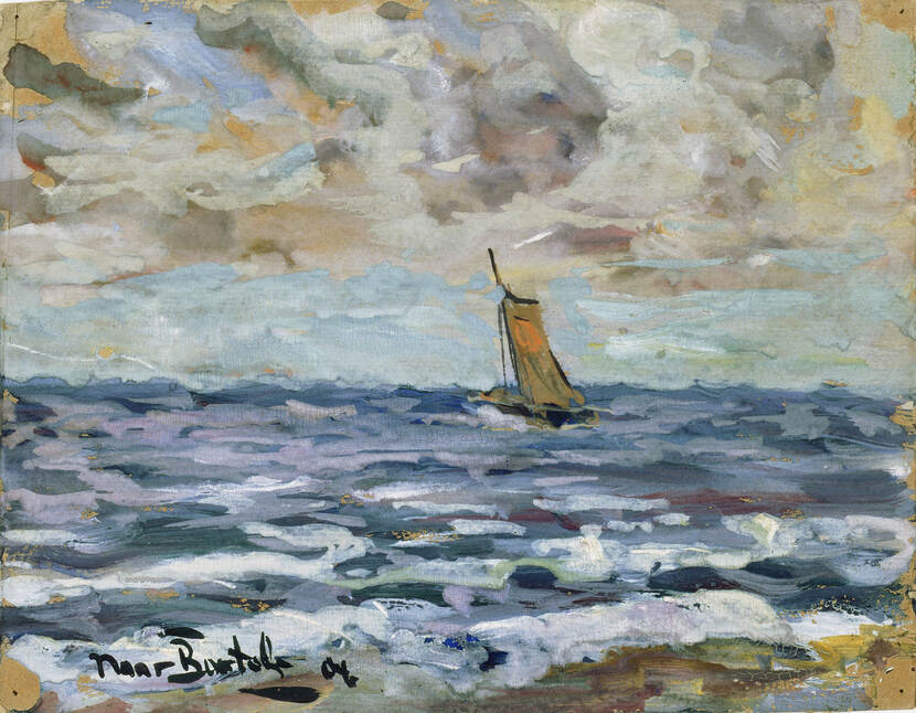 Schilderij met zeegezicht en zeilschip