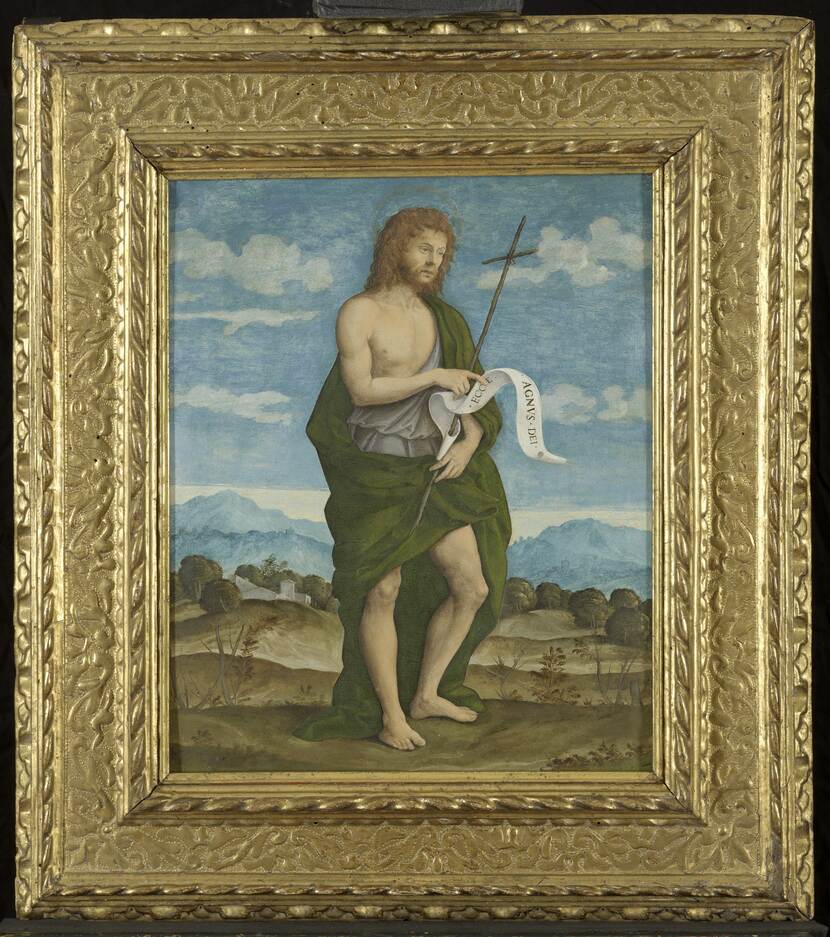 Schilderij van een man die Johannes de Doper voorstelt met een blauwe achtergrond