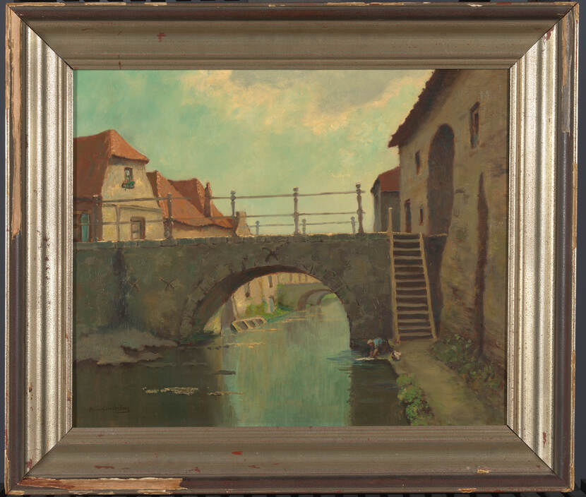 Schilderij van een brug in een stad