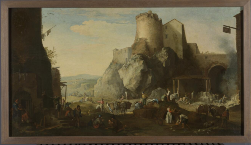 schilderij van een landschap met vesting erop